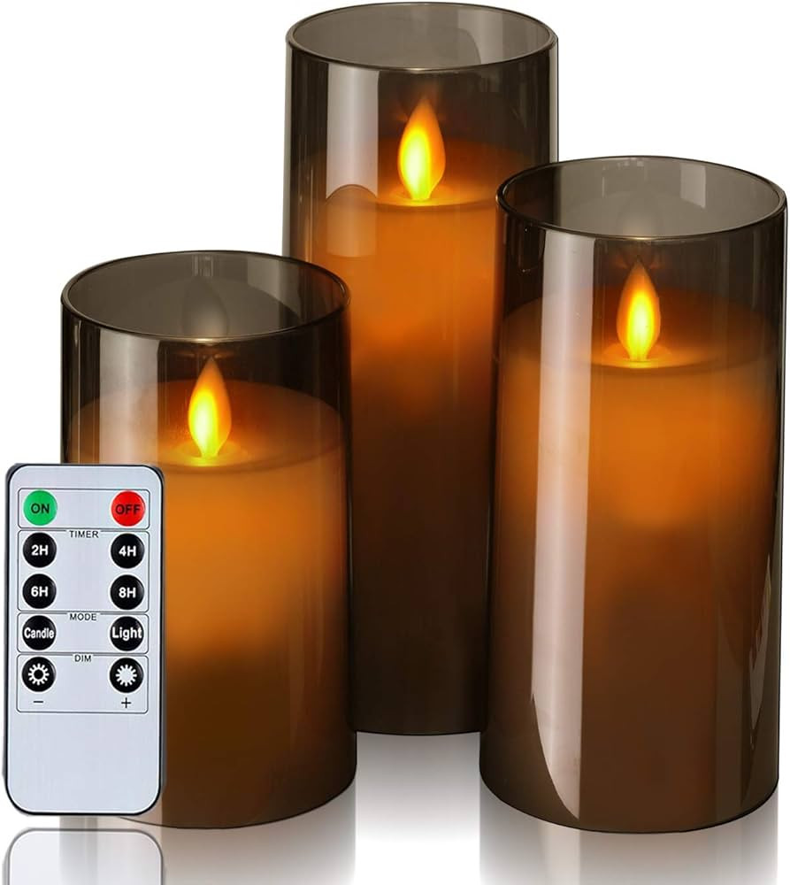 Homemory Gray Flickering Flameless Candles, Battery Operated Acrylic LED Pillar Candles with Remo... | Amazon (US)