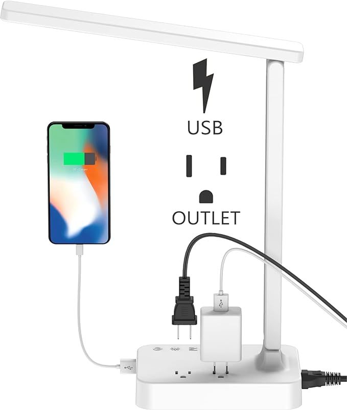 Drevet LED Desk Lamp, Desk Light with 1 USB Charging Port and 2 AC Power Outlet, 3 Lighting Modes... | Amazon (US)