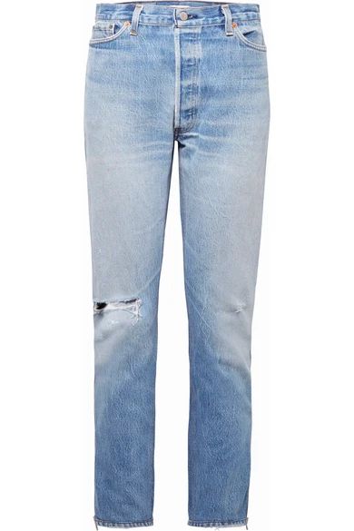 RE/DONE - Levi's Zip-embellished Distressed High-rise Straight-leg Jeans - Light blue | NET-A-PORTER (US)