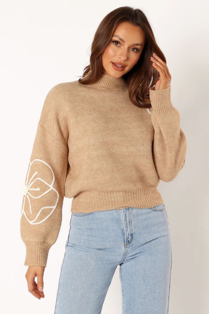 Rebecca Flower Embroidery Mockneck Knit Sweater - Taupe | Petal & Pup (US)