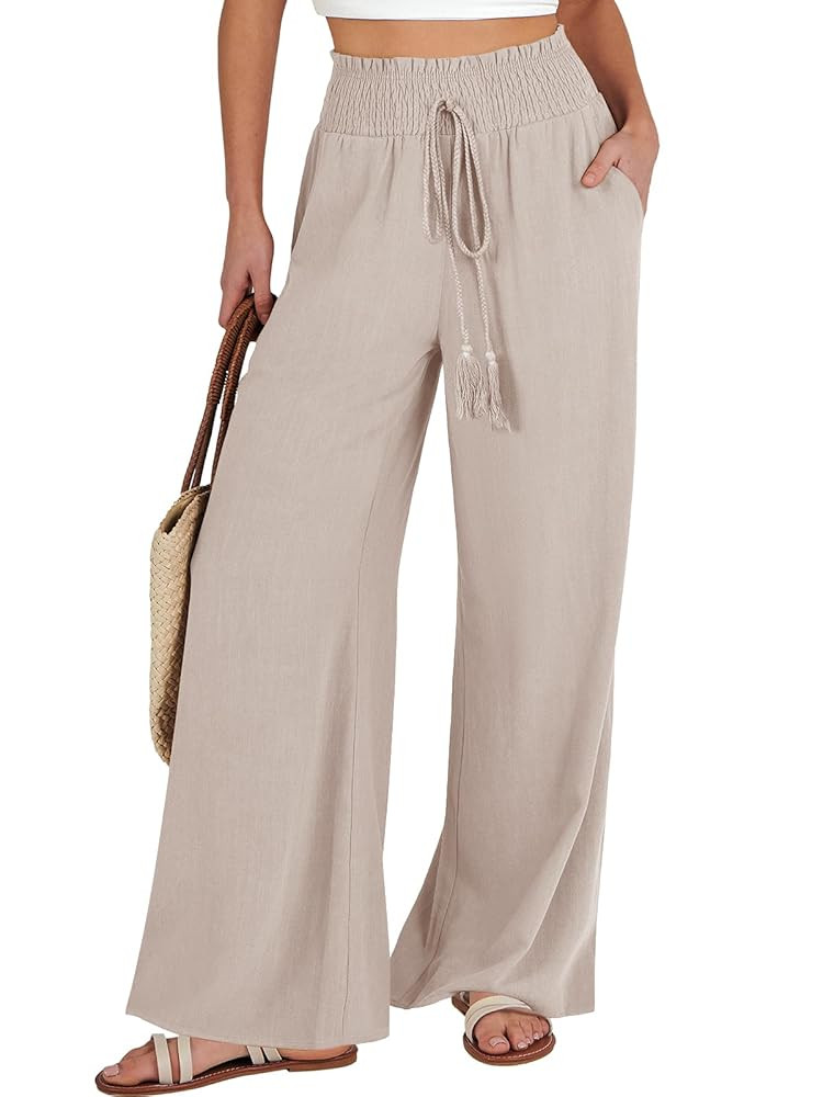 ANRABESS Women's Linen Pants Summer Casual Palazzo Beach Pant Drawstring High Waist Wide Leg Trou... | Amazon (US)