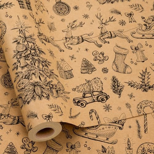MAYPLUSS Kraft Christmas Wrapping Paper Roll - 17 Inch x 33 Feet - Kraft Angel, Socks,Bells, Pine Cones,and Christmas Ornanments Pattern Brown Wrapping Paper Winter Gift Wrap for Rustic Holiday | Amazon (US)