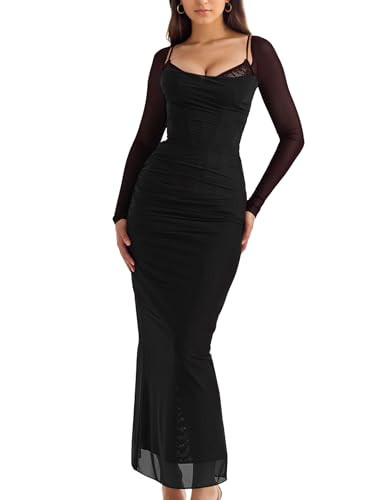 ISZPLUSH Womens Sexy Backless Satin Maxi Long Sleeve Dresses Floral Print Dresses Slim Fit Elegant Long Dresses Night Party Outfits, Large, Black | Amazon (US)