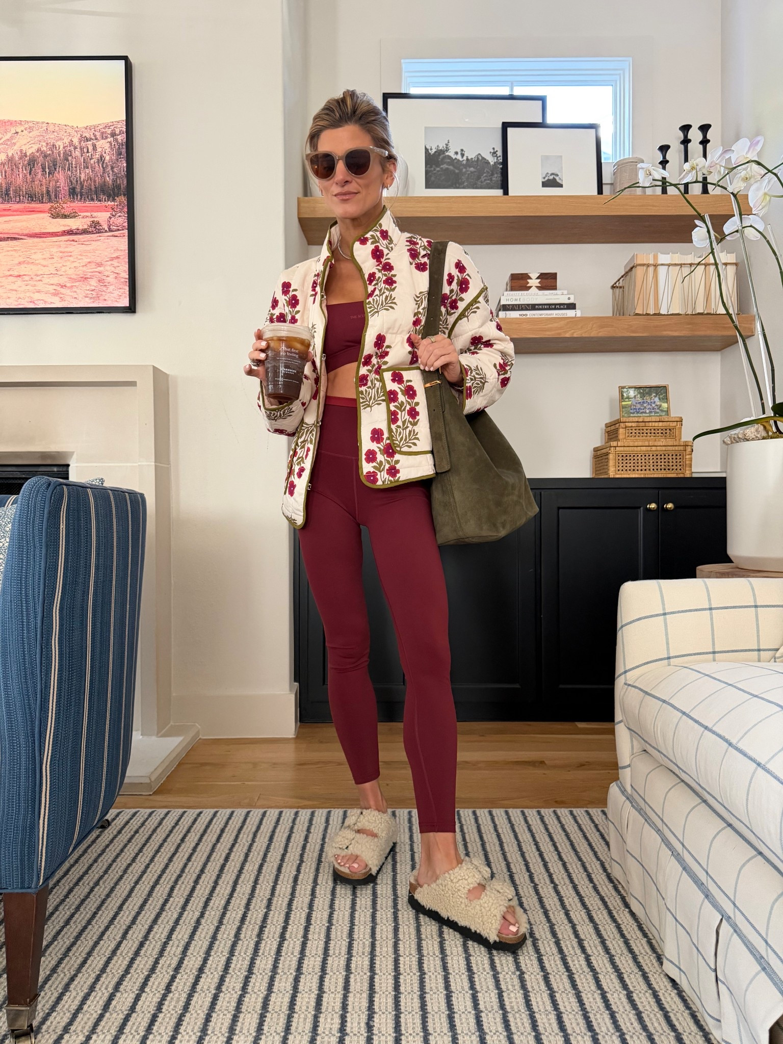 Maroon athletic set (wearing sculpt society but not available so linking my favorite ALO). Avara floral quilted jacket (wearing XS). Madewell suede olive  purse