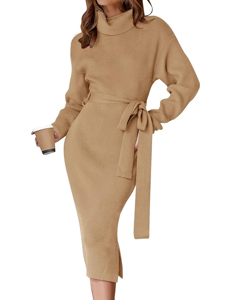 ZESICA Women's Turtleneck Sweater Midi Dress Long Sleeve Ribbed Knit Bodycon Slit Dress with Belt | Amazon (US)