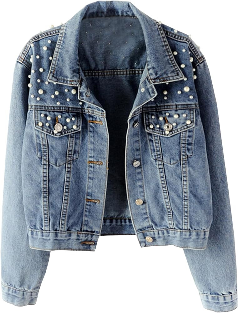 Hixiaohe Women Loose Embroidered Pearls Beading Cropped Denim Jacket Jean Coat | Amazon (US)