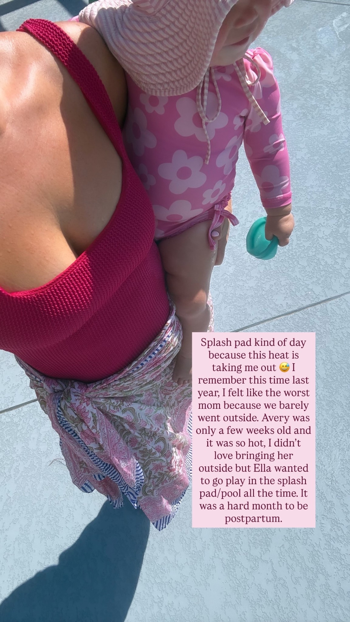 Splash pad kind of day because this heat is taking me out 😅 I remember this time last year, I felt like the worst mom because we barely went outside. Avery was only a few weeks old and it was so hot, I didn’t love bringing her outside but Ella wanted to go play in the splash pad/pool all the time. It was a hard month to be postpartum.