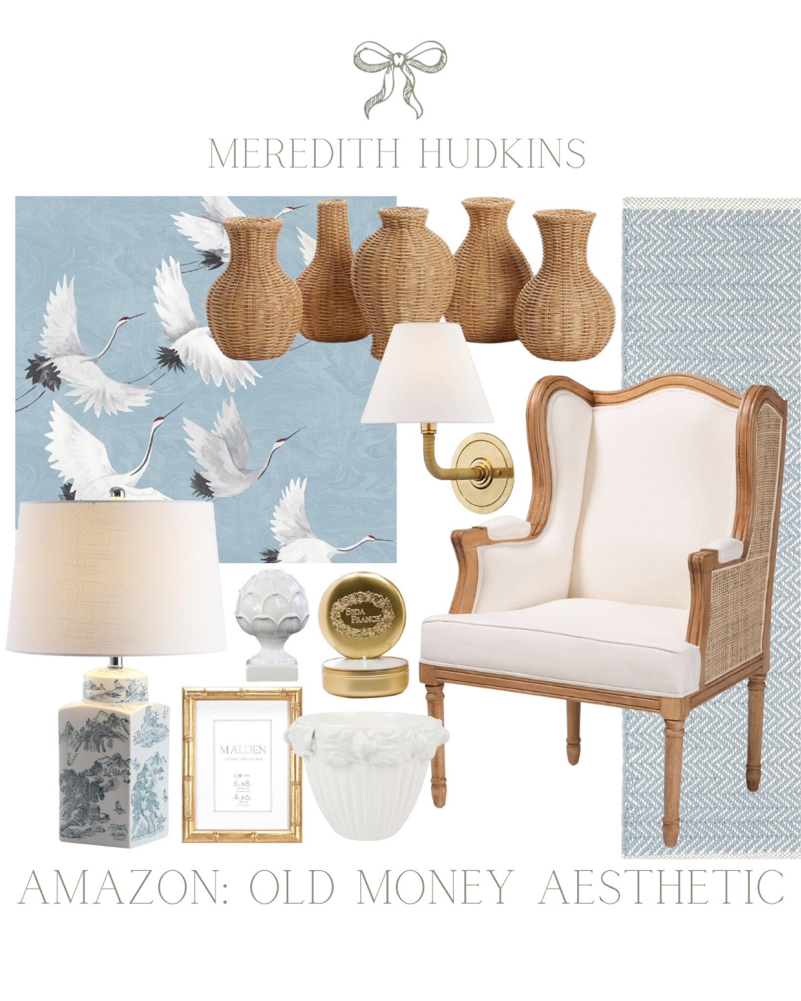 Meredith Hudkins coastal home decor, old money, aesthetic, old money style preppy home decor, area, rug, blue area, rug, wallpaper, rattan vases, wing back chair, wall, sconce, lighting table, lamp, gold, bamboo frame flower pot candle, artichoke statue, decorative accent, living room, primary bedroom, entryway, dining room, traditional home decor, timeless, home decor, classic style , chinoiserie, Amazon home decorr

#LTKSaleAlert #LTKFindsUnder100 #LTKHome