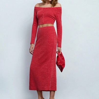 Women Red Solid Color Knitted Front-Button Off Shoulder Top And Mini Skirt 2-Piece Set, Autumn | SHEIN