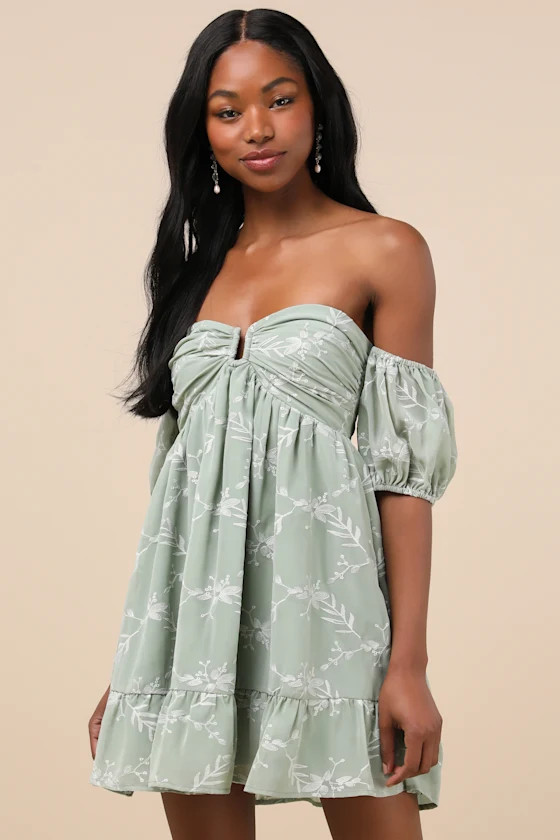 Cutest Icon Sage Green Embroidered Off-the-Shoulder Mini Dress | Lulus