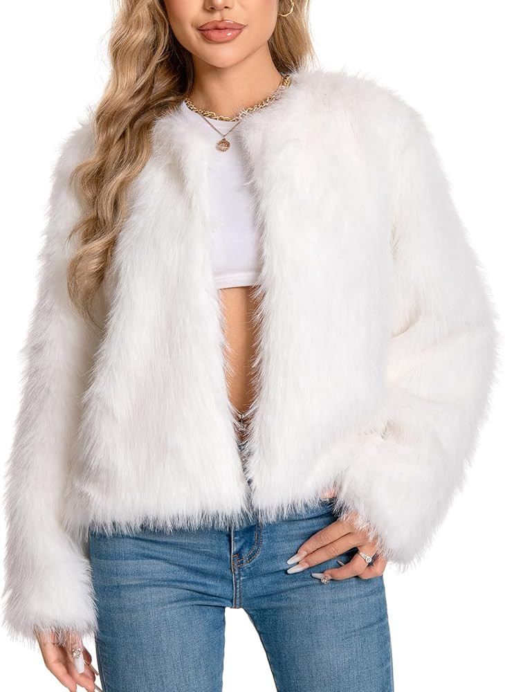 Fur Coat for Women,Faux Furry Long Sleeve Cropped Fluffy Jacket Open Front Coat Shaggy Warm Fall ... | Amazon (US)