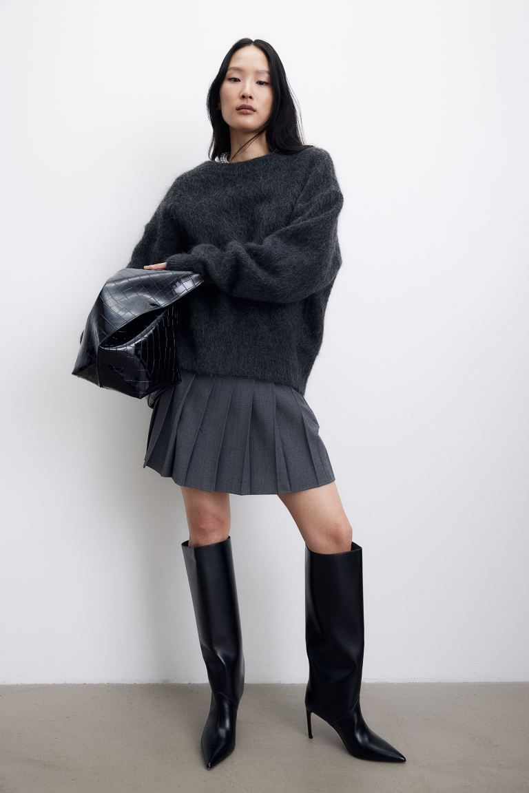 Pleated mini skirt - Dark grey marl - Ladies | H&M GB | H&M (UK, MY, IN, SG, PH, TW, HK)