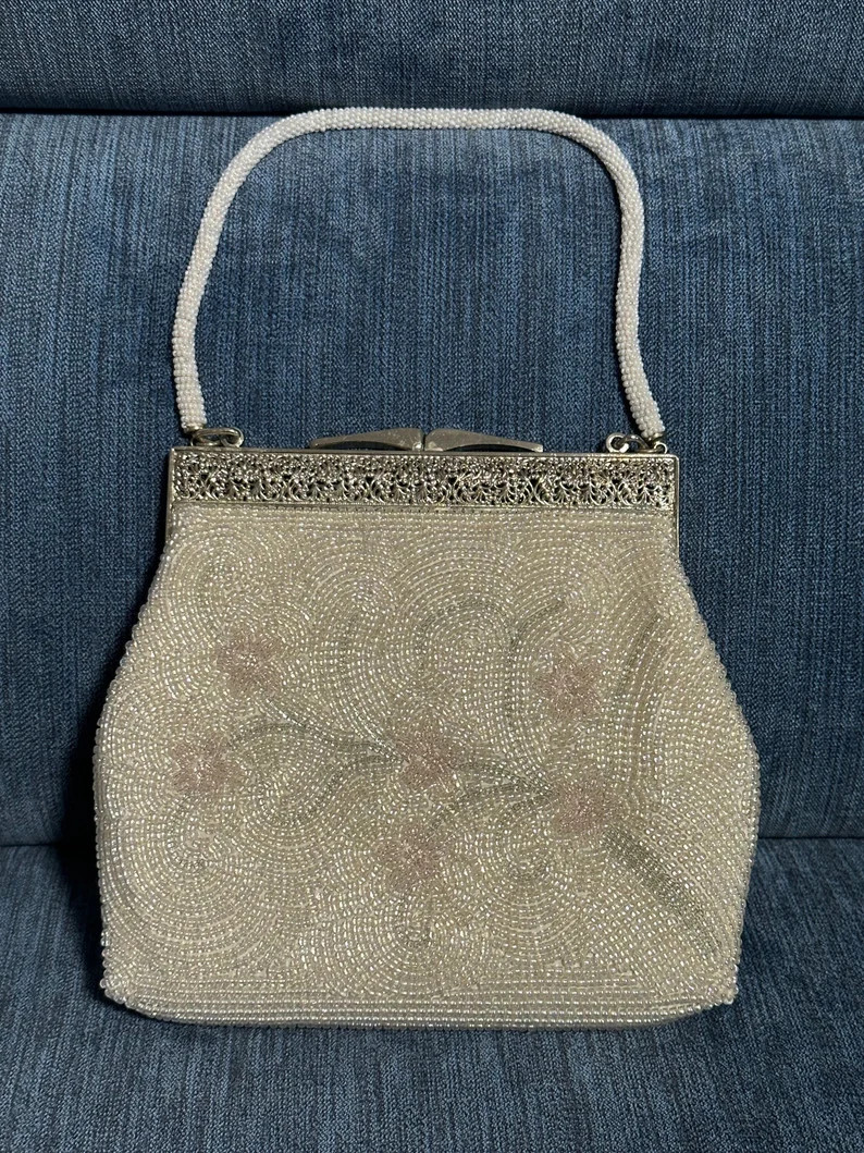Vintage White Beaded Bag Pink Flowers - Etsy | Etsy (US)