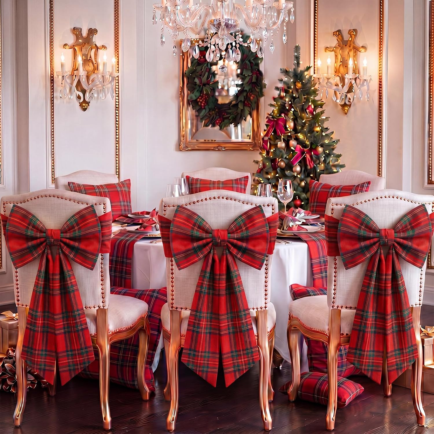 Thiccywoov 6 Pcs Christmas Chair Bows Decorations 25 x 14 in, Red Tartan | Amazon (US)