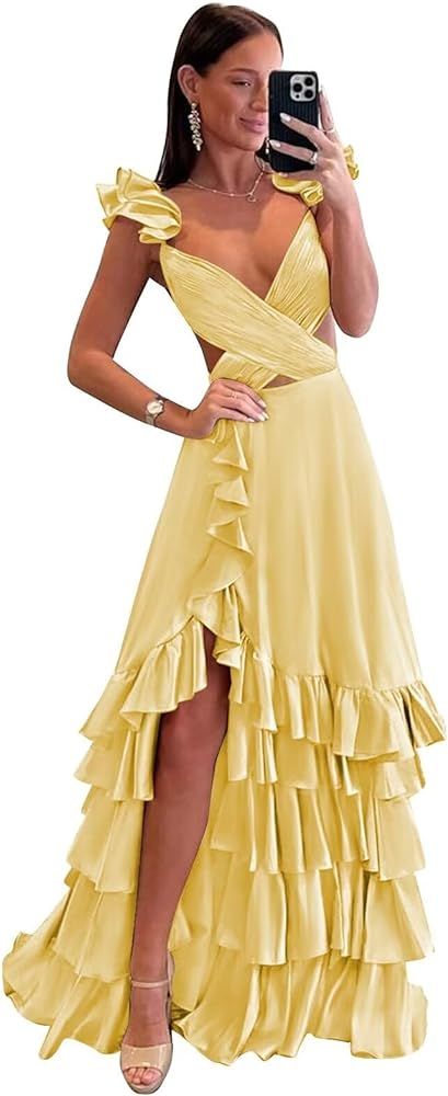 Ruffle Satin Prom Dress 2024 Long Ball Gown Ruched V Neck Formal Evening Dresses with Slit | Amazon (US)