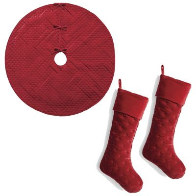 Rumi Crimson Tree Skirt & Stocking Set with Quilted Velvet and Personalization Options | Frontgate