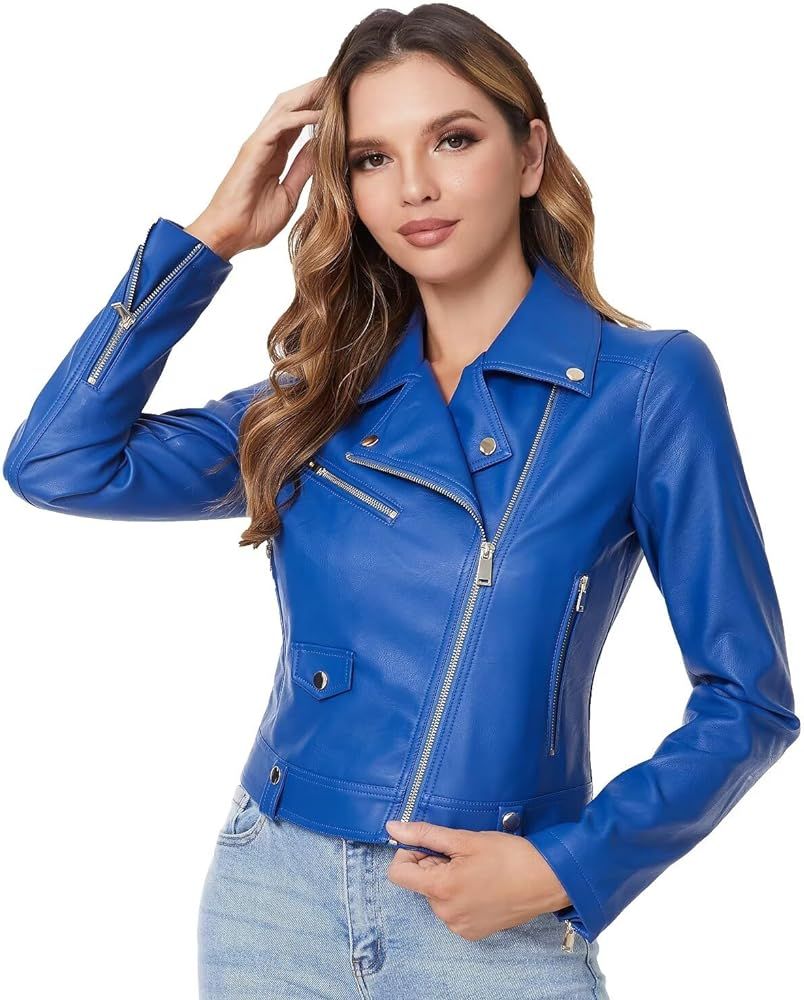 DIASHINY Blue Cropped Faux Leather Jacket For Women PU Slim Zip Up Moto Biker Coat Motorcycle Cro... | Amazon (US)