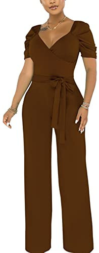 Sexy Plus Size Party Jumpsuit for Women Elegant Deep V Neck Short Sleeve Wide Leg Pants Loose Formal Long Straight Rompers with Belt Brown | Amazon (US)