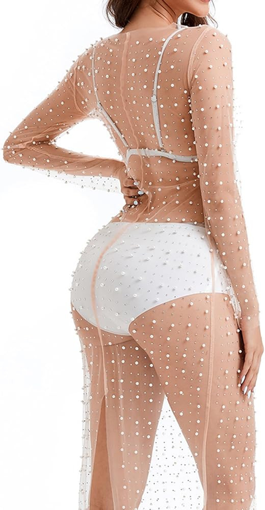 Willow Dance Women's Sheer Mesh Pearl Rhinestone Cover Up Beach Dress Swimwear Bikini Swimsuit Ba... | Amazon (US)