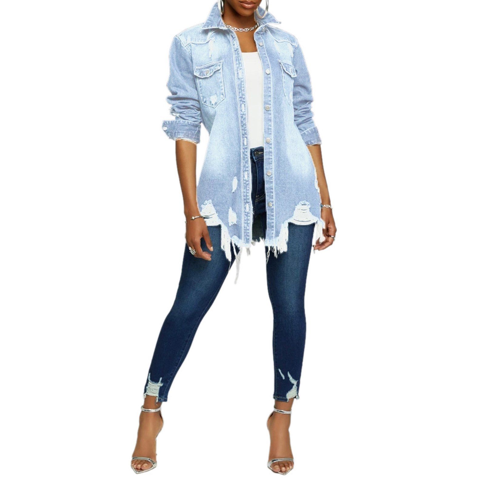 Multitrust Women's Long Sleeve Irregular Single Row Buttons Denim Jacket for Vacation | Walmart (US)