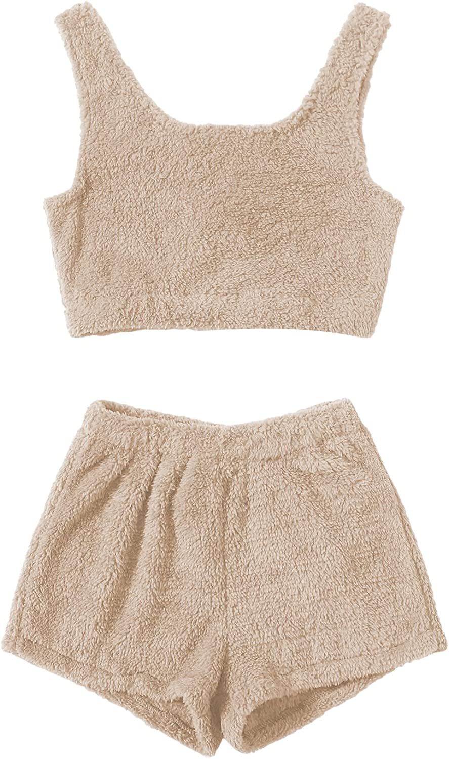 SweatyRocks Women's Fluffy Pajamas Set Crop Tank Top with Shorts Loungewear | Amazon (US)