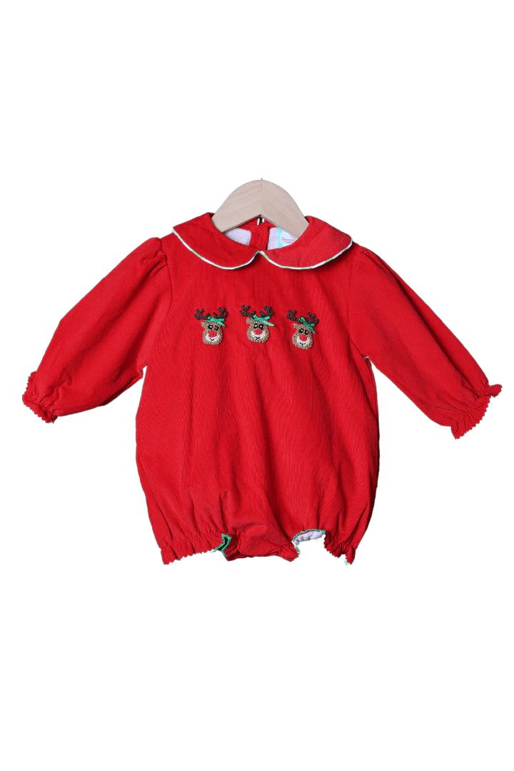French Knot Reindeer Red Corduroy Bubble | The Smocked Flamingo