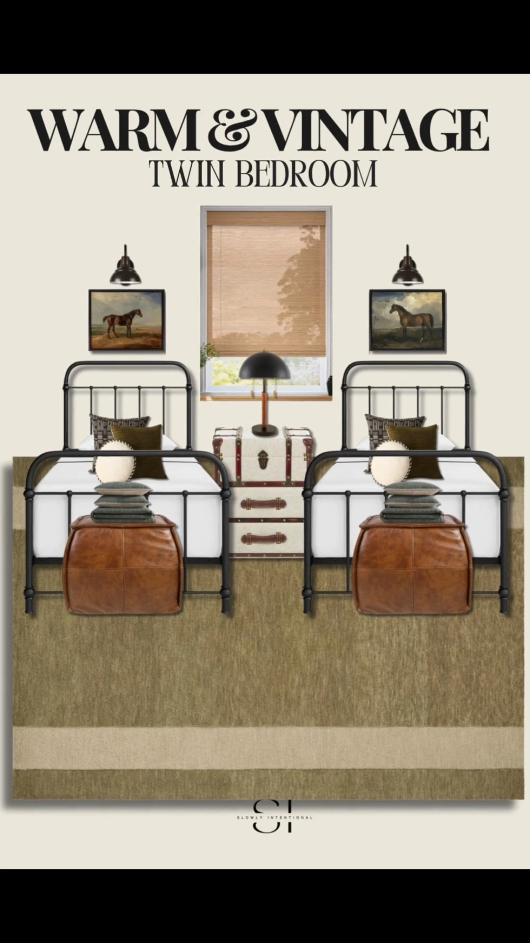 Just finished designing this twin guest room and it might be one of my favorites! The vintage trunks as a nightstand give it that cozy, collected look, and those leather ottomans are both pretty and practical. The black iron beds keep it classic, while the horse art adds just the right touch of rustic charm. Perfect for kids or guests—intentional, simple, and timeless.

#LTKHome