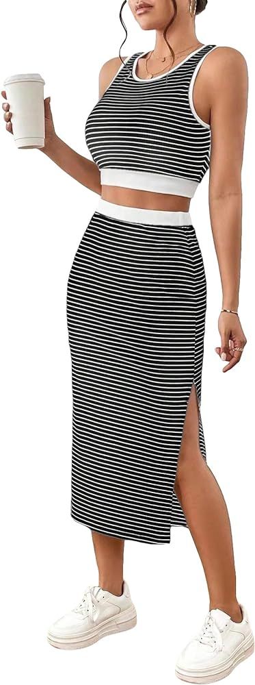 SOLY HUX Women's Summer 2 Piece Outfits Striped Crop Tank Top and Split Hem Midi Skirt Set | Amazon (US)