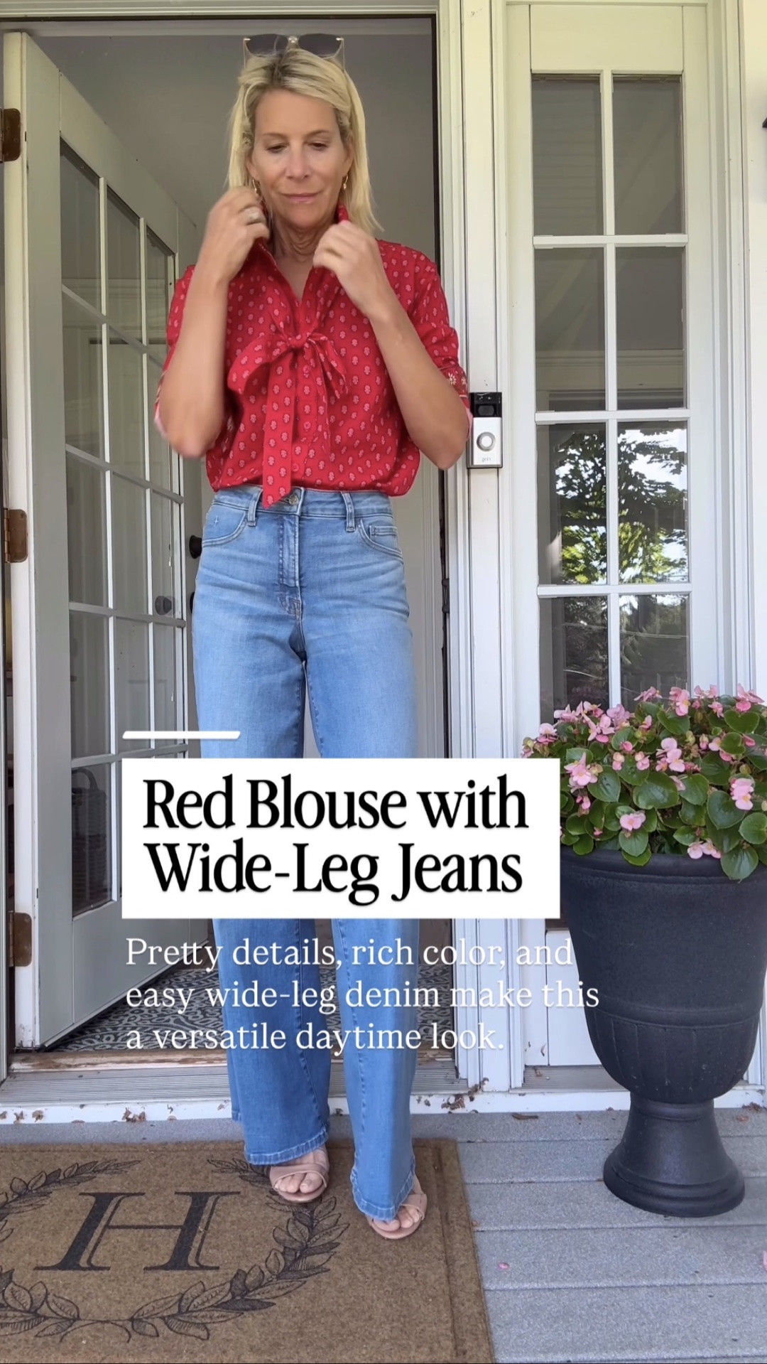 This beautiful red bow-front blouse makes these wide-leg jeans feel instantly polished. Such an easy fall outfit for lunch, shopping, a casual dinner, or a weekend out.

👩‍💻 LTK PRO TIPS
❤️ Heart = Support my posts ;-)
🔖 Save = Get sale & restock alerts for the things you love!
📋 Lists = Keep favorites organized (List ideas: Christmas, Birthdays, and Vacations!)
📲 Share = Send lists and products to a friend (or your daughters like me).

#LTKootd #LTKSeasonal #LTKOver40