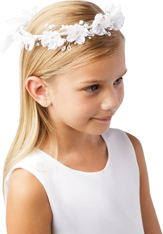 Girls' White Pearl Rhinestone Center Floral Crown First Communion Flower Girl Head Wreath with Ve... | Amazon (US)