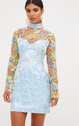 Premium Blue Lace Detail Jacquard Bodycon Dress | PrettyLittleThing UK