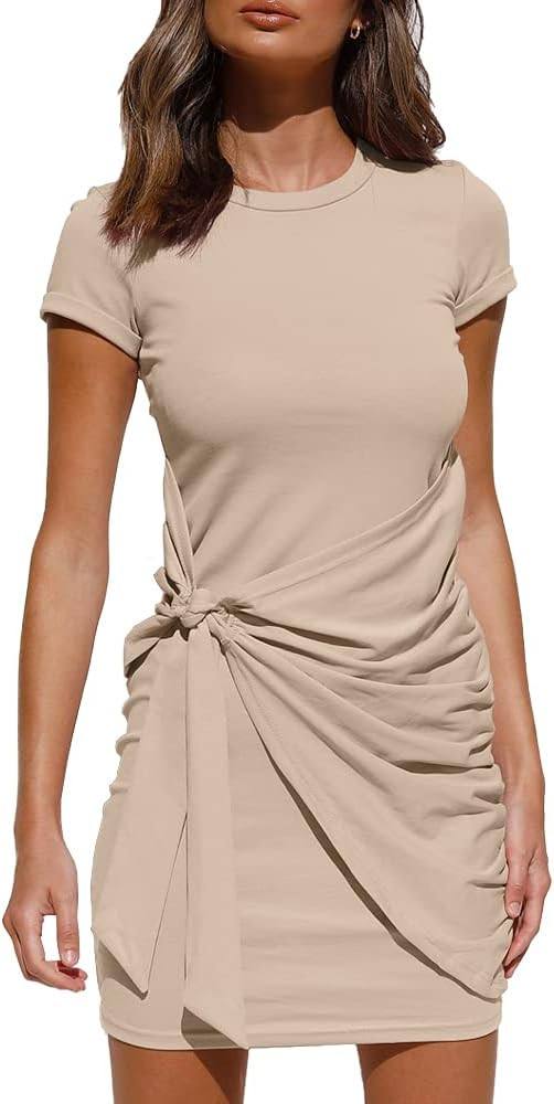 LILLUSORY Women's Summer T Shirt Dress Casual Short Sleeve Wrap Bodycon Ruched Tie Waist Mini Dresse | Amazon (US)