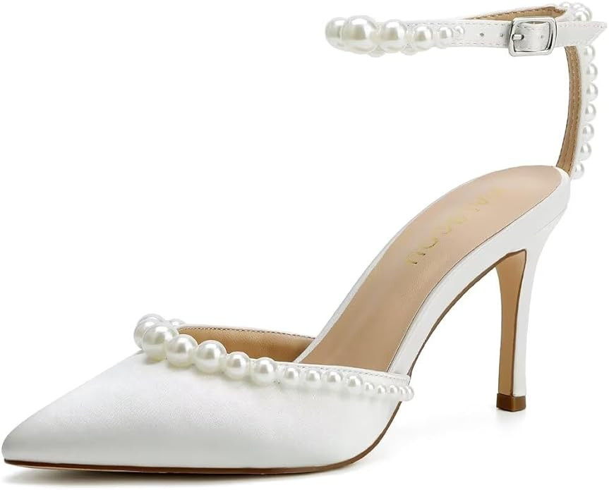 High Heel Wedding Shoes for Bride Pointed Toe Bridal Shoes Pearl Heels Ankle Strap Wedding Pumps | Amazon (US)
