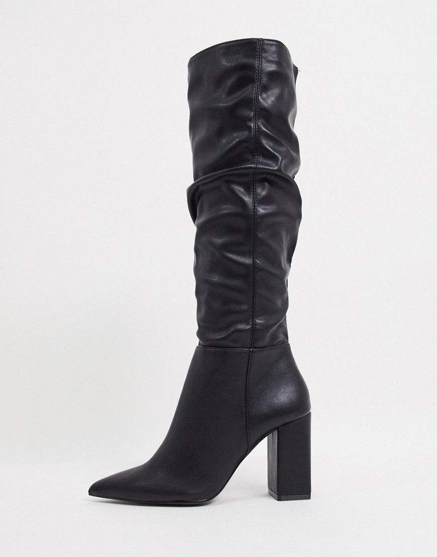 Bershka knee high faux leather slouchy boots in black | ASOS (Global)