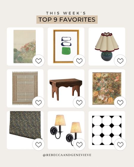 Your favorites this week 💕
-
Home decor. Wall art. Table lamp. Rug. Wallpaper. Sconce. 

#LTKfindsunder50 #LTKhome