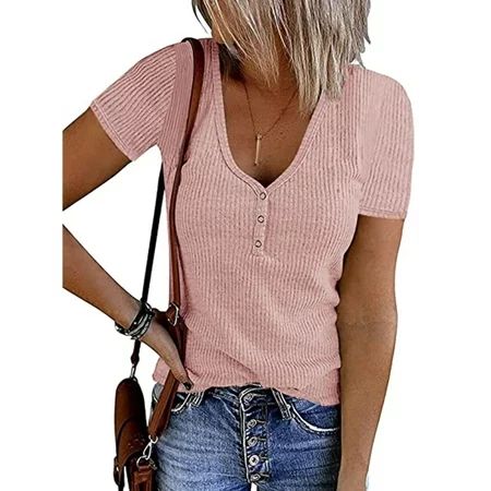 Colisha Women Casual Vacation Henley Shirt Loose Short Sleeve T Shirts Ribbed V Neck Tops | Walmart (US)