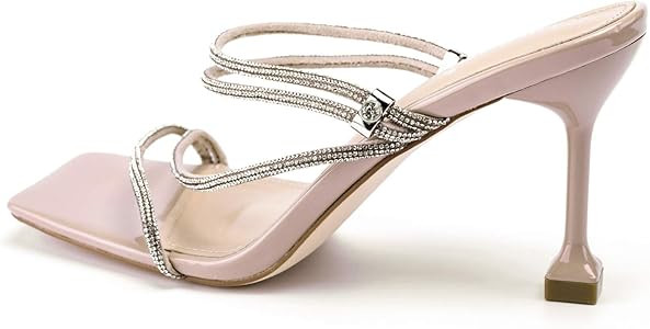 vivianly Women's Rhinestone Strappy Heel Square Open Toe Slide Sandals Party Wedding Shoes | Amazon (US)