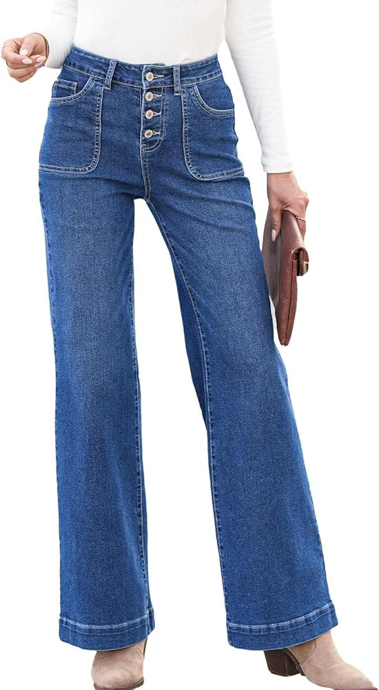 SHEWIN Women's Wide Leg High Waisted Flare Jeans Stretchy Straight Leg Jeans Buttoned Denim Pants... | Amazon (US)