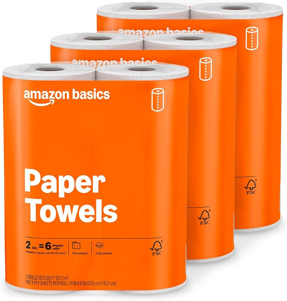 Amazon Basics 2-Ply Flex-Sheets Paper Towels, 6 Rolls = 20 Regular Rolls, 150 Sheets per Roll, Ev... | Amazon (US)