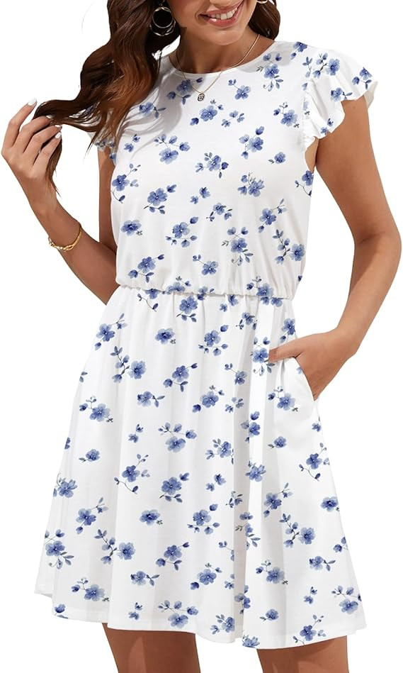 Women's Summer Dresses Ruffle Sleeve Back Tie Bow Short Work Casual Dress with Pockets | Amazon (US)