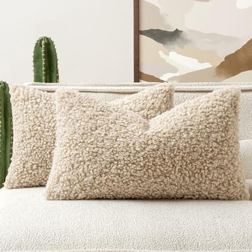 Woaboy Faux Fur Throw Pillow Covers 20x12 Inch Set of 2 Boucle Neutral Decorative Lumbar Sherpa F... | Amazon (US)