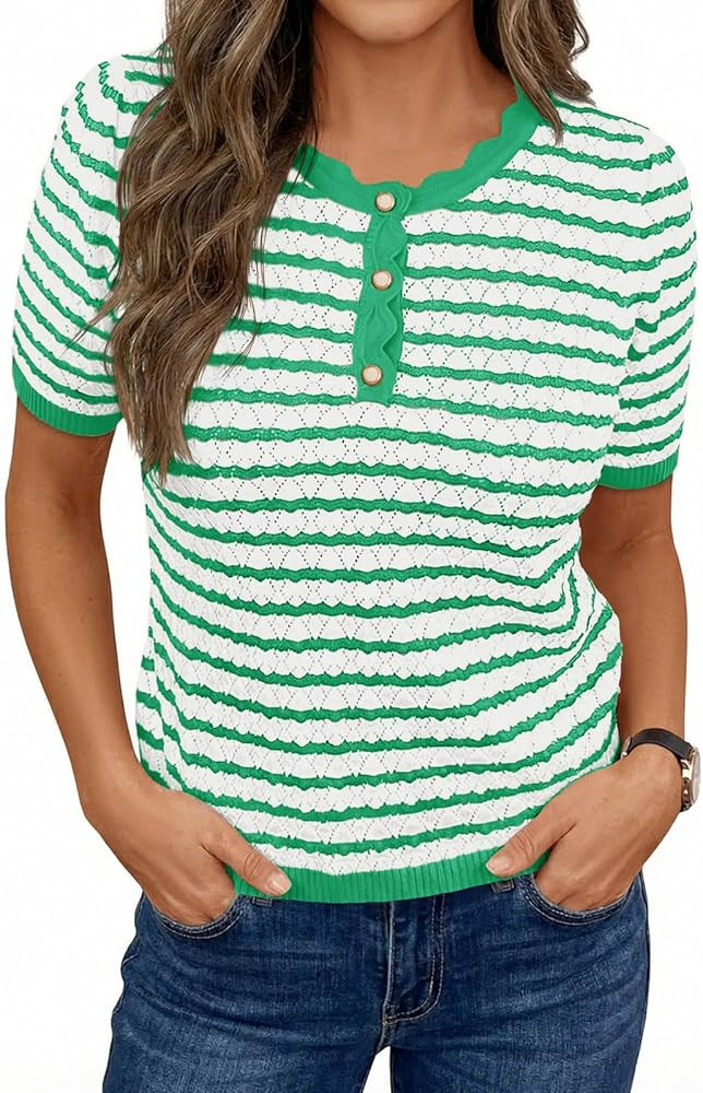 Saodimallsu Womens Short Sleeve Sweaters Striped Henley Knit Shirts Casual Summer Crochet Lightwe... | Amazon (US)