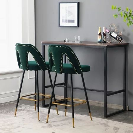 SYNGAR Modern Bar Stools Set of 2 Velvet Upholstered Bar Chairs with Footrest Counter Height Stools for Kitchen Bar Pub Green D8620 | Walmart (US)