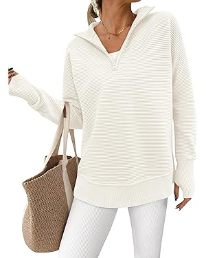 PRETTYGARDEN Womens Long Sleeve Quarter Zip Pullover Sweater Casual Loose V Neck Collared Ribbed ... | Amazon (US)