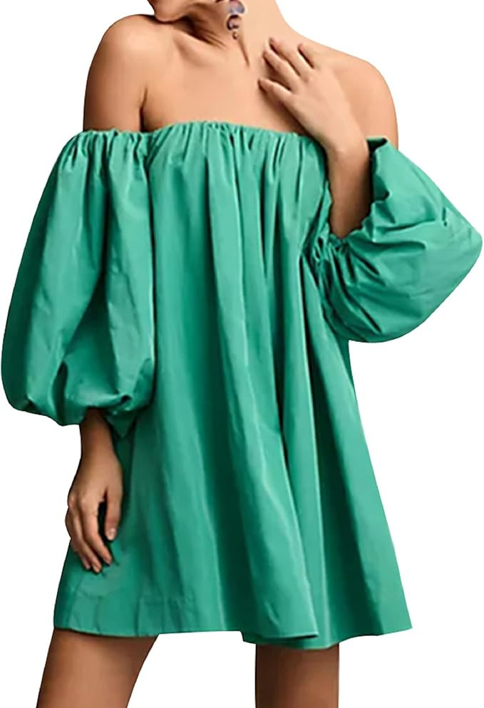 Women Off Shoulder Baggy Mini Dress Y2k Puff Sleeve Pleated Short Dress Casual Oversized Babydoll... | Amazon (US)