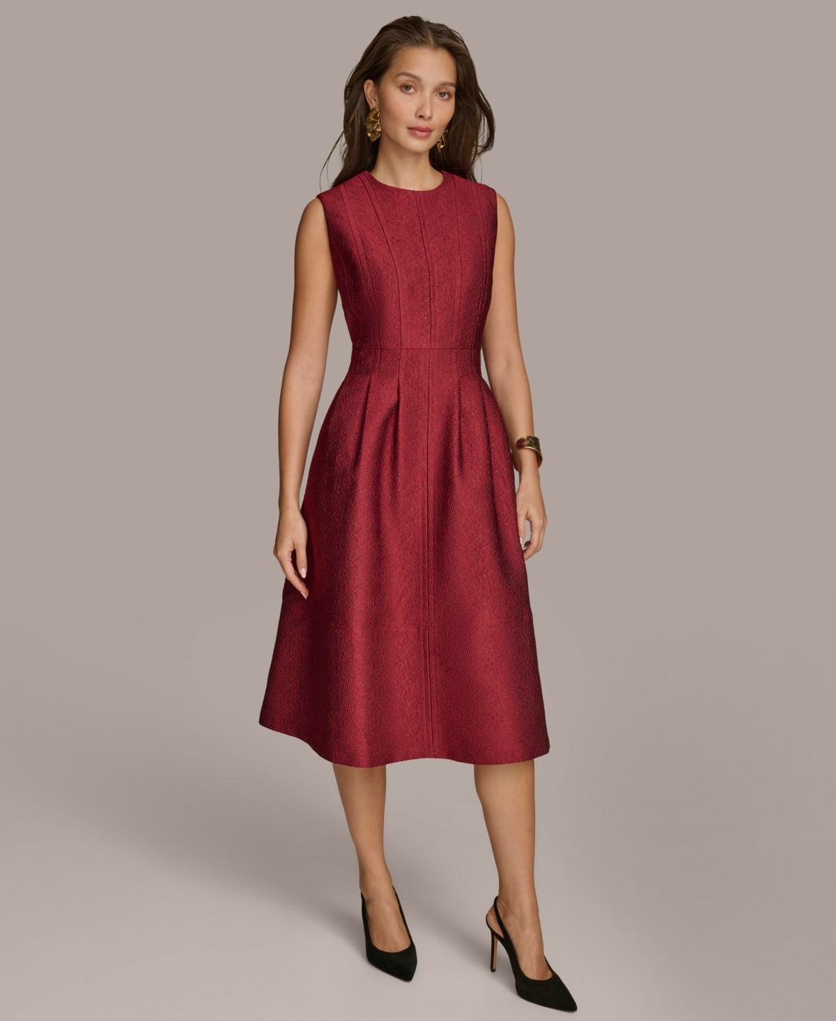 Donna Karan New York Women's Jacquard Solid Fit and Flare Dress - Cabernet | Macy's