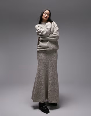 Topshop boucle long line jumper and midi skirt in mushroom | ASOS (Global)