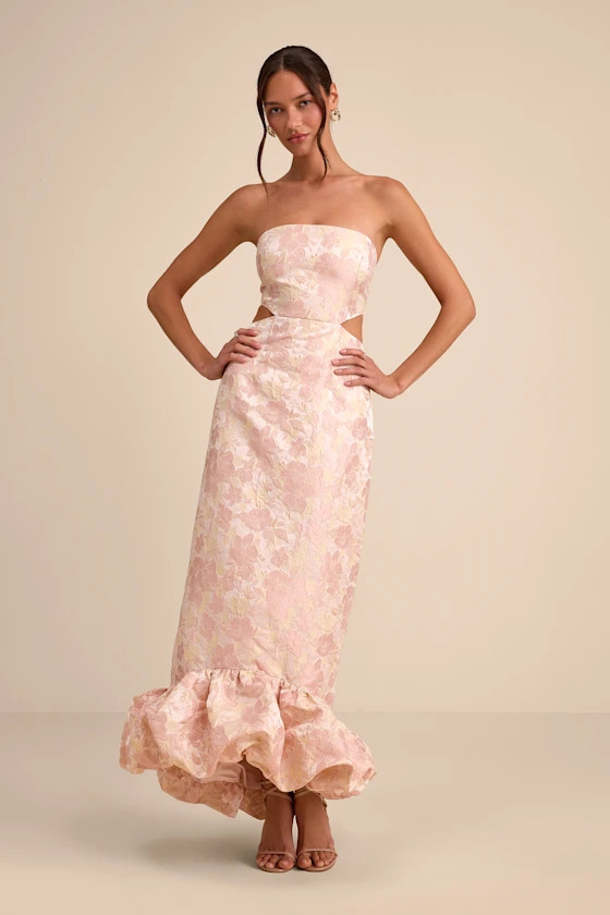 Nathania Blush Floral Jacquard Strapless Bubble-Hem Maxi Dress | Lulus