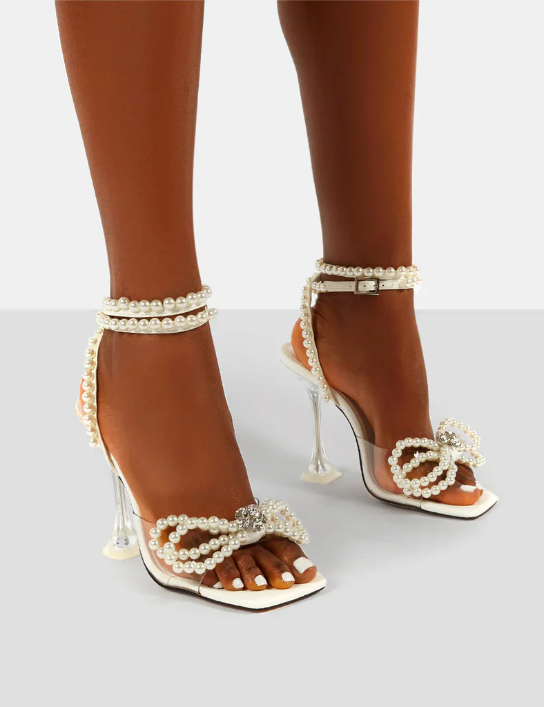 Glimmer White Wide Fit Wrap Around Pearl Square Toe Cake Stand Heels | Public Desire