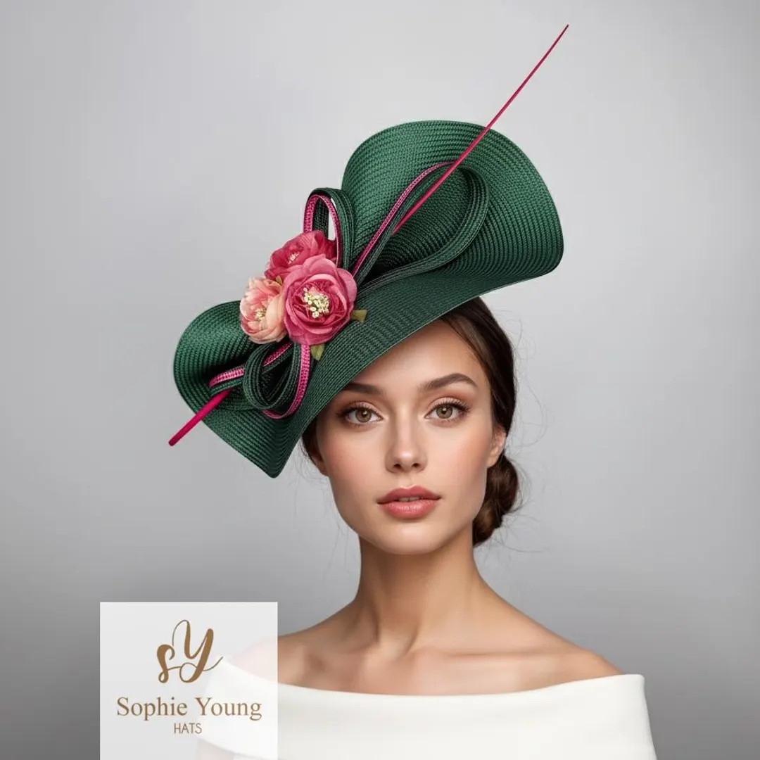 Dark Green Fascinator with Pink Flowers | Kentucky Derby Hat | Royal Ascot Headpiece | Elegant We... | Etsy (US)